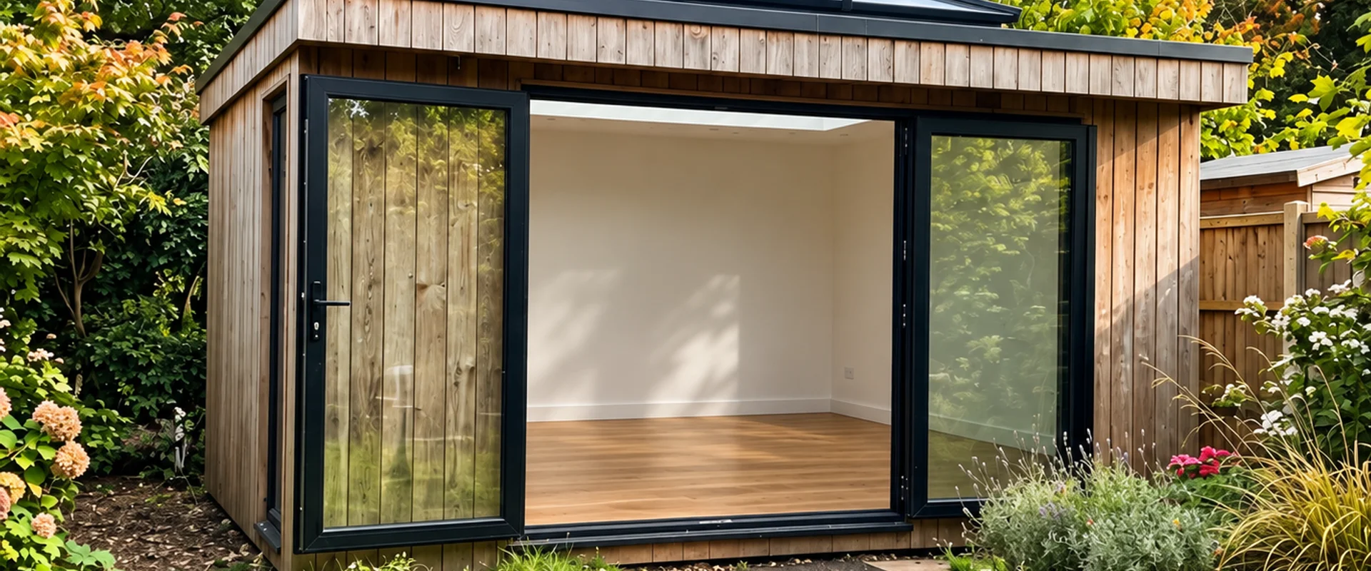 Homeowner and designer walking a Bedfordshire garden discussing a garden room build