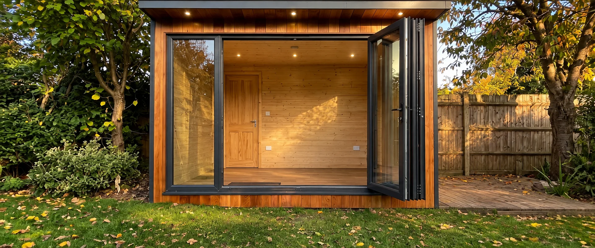 Wide shot of a bespoke garden room in a mature Bedfordshire garden at golden hour