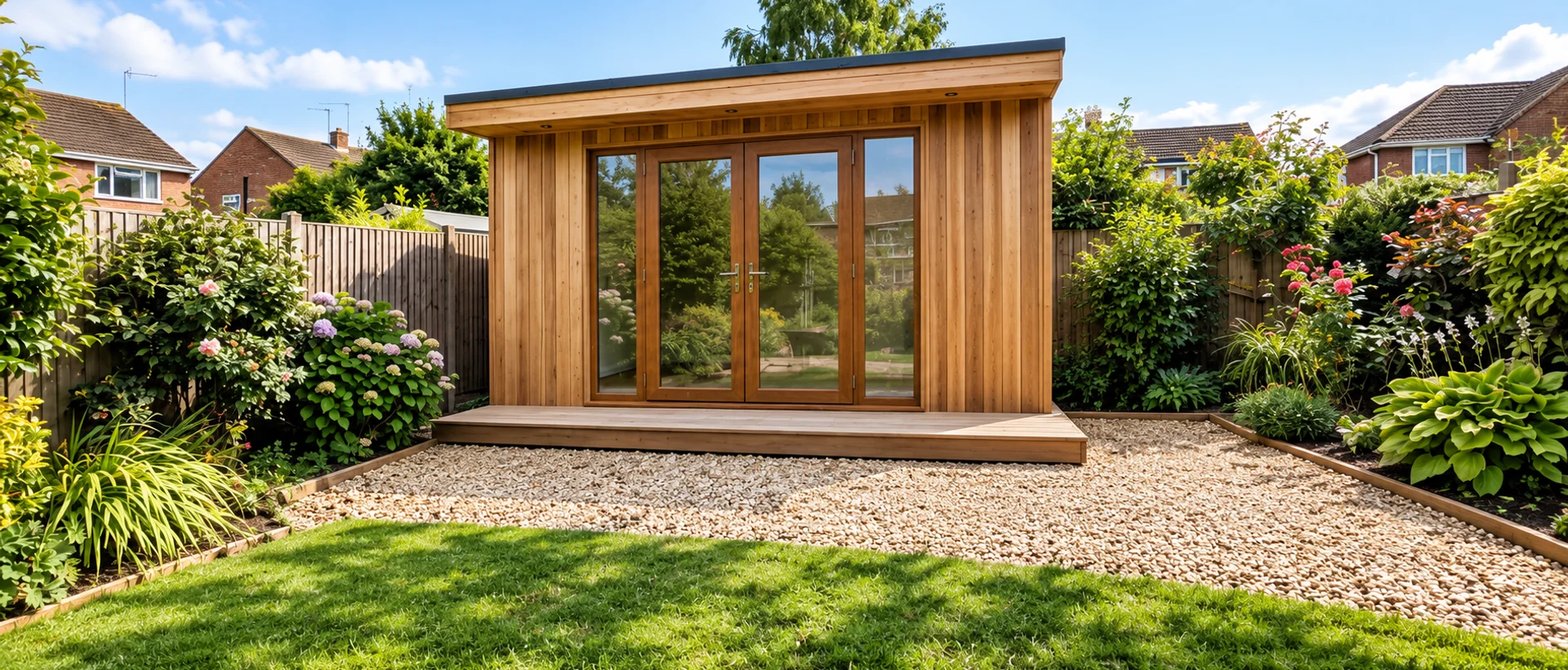 Bedfordshire Garden Rooms team in front of a completed bespoke garden office