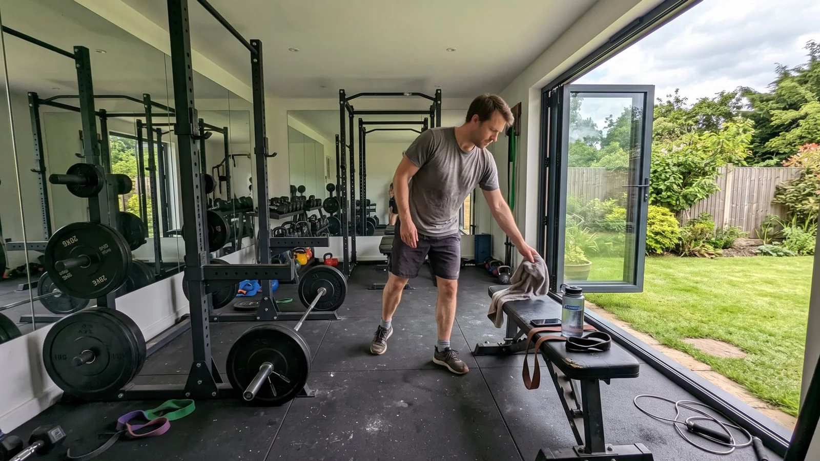 Bespoke insulated garden gym with rubber flooring and mirrors in a Bedfordshire garden