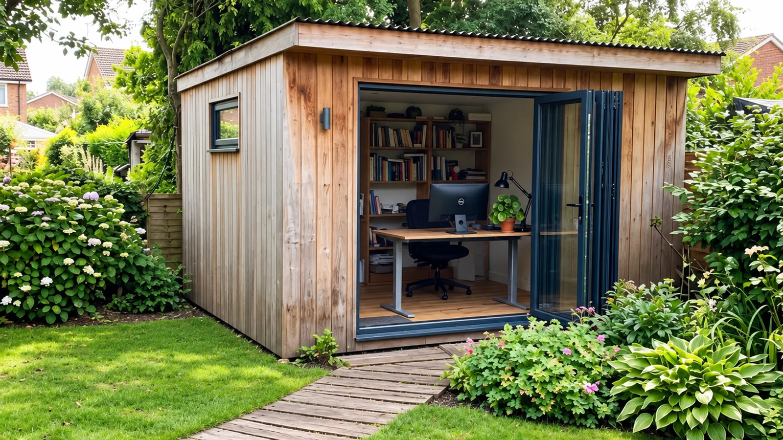 Bespoke insulated garden office with bifold doors in a Bedfordshire garden