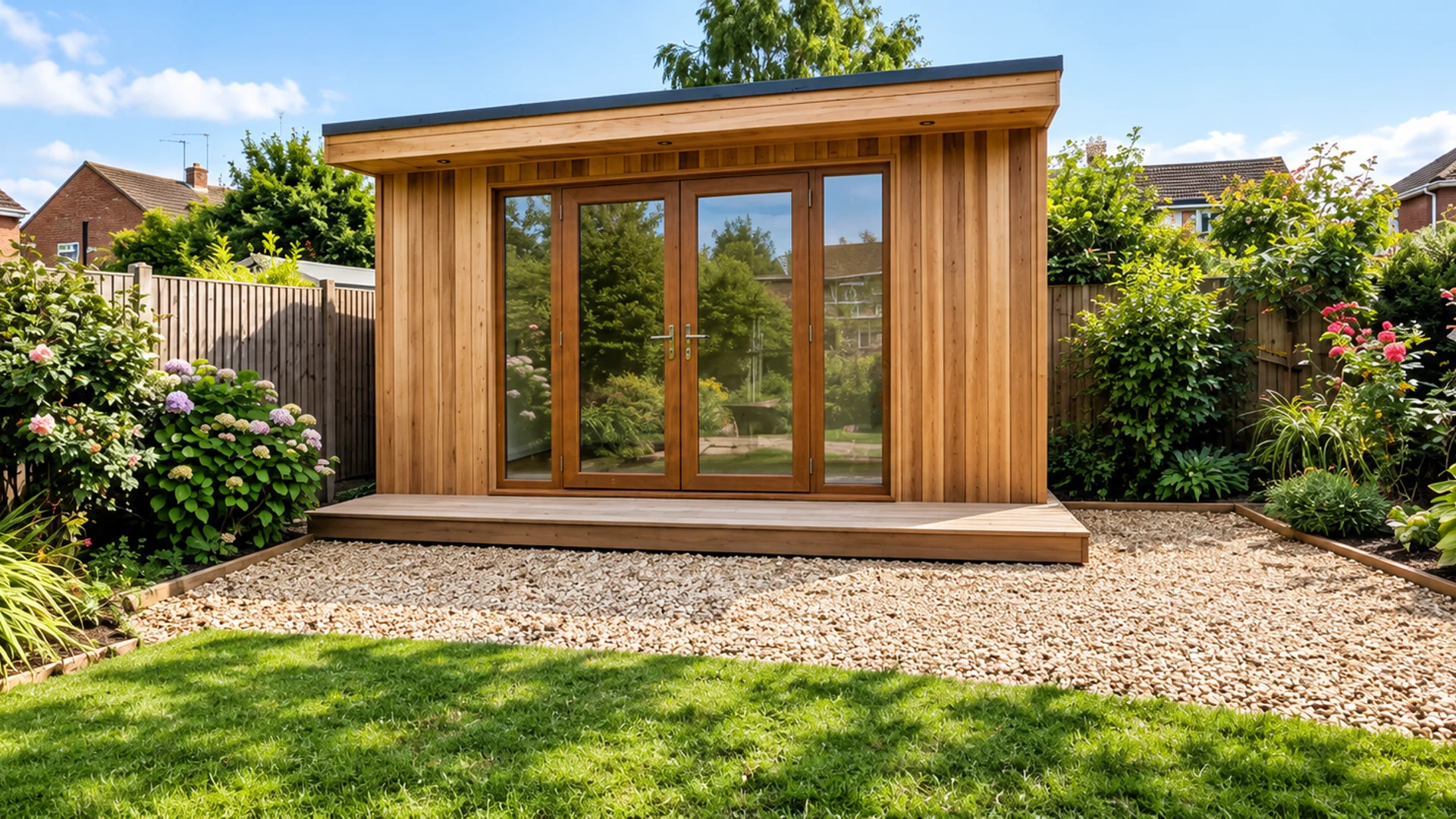 Bespoke insulated garden office in a Bedfordshire garden at dusk