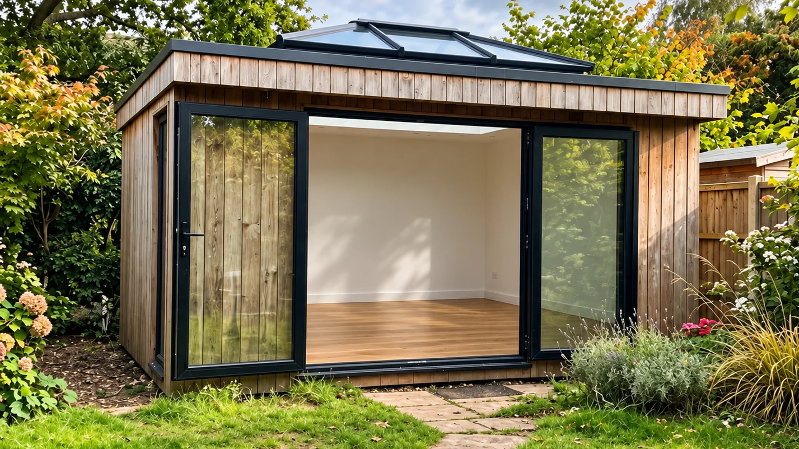 Bespoke garden studio with roof lanterns and aluminium doors in a Bedfordshire garden