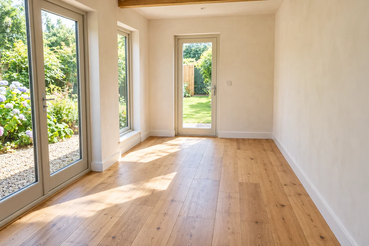 Bright interior of a Bedfordshire garden office set up for remote work