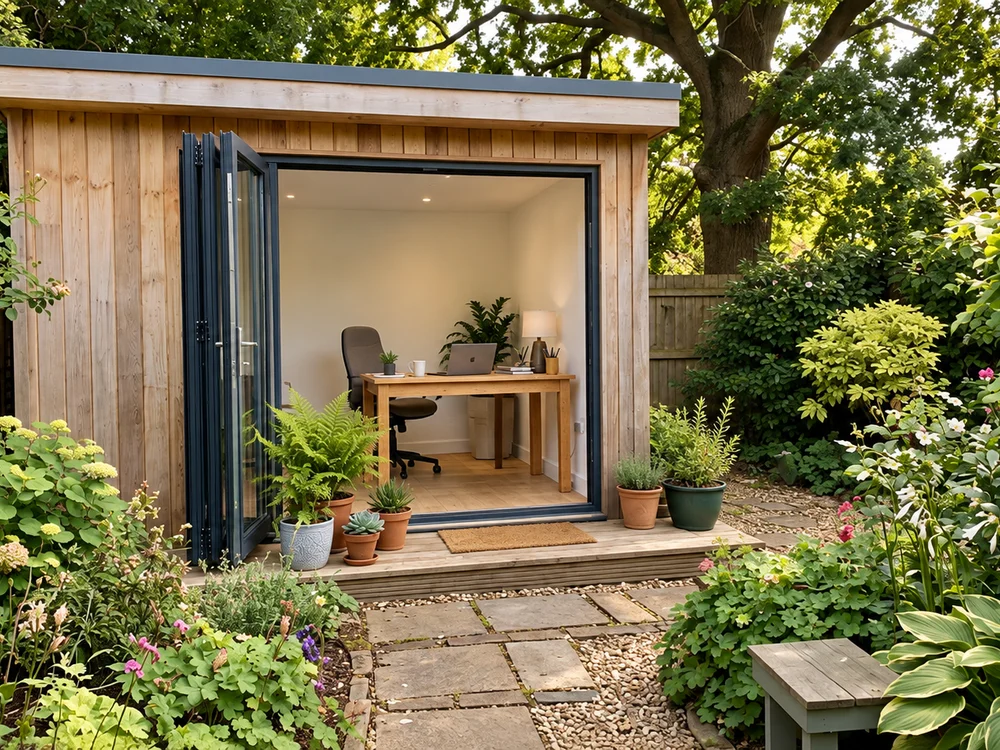Cedar-clad garden office with bifold doors in a Bedford garden