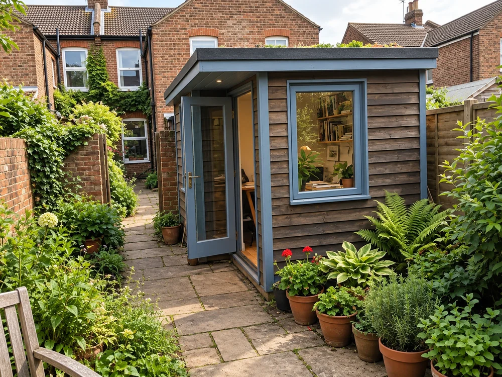 Compact garden office in a terraced garden in Leighton Buzzard