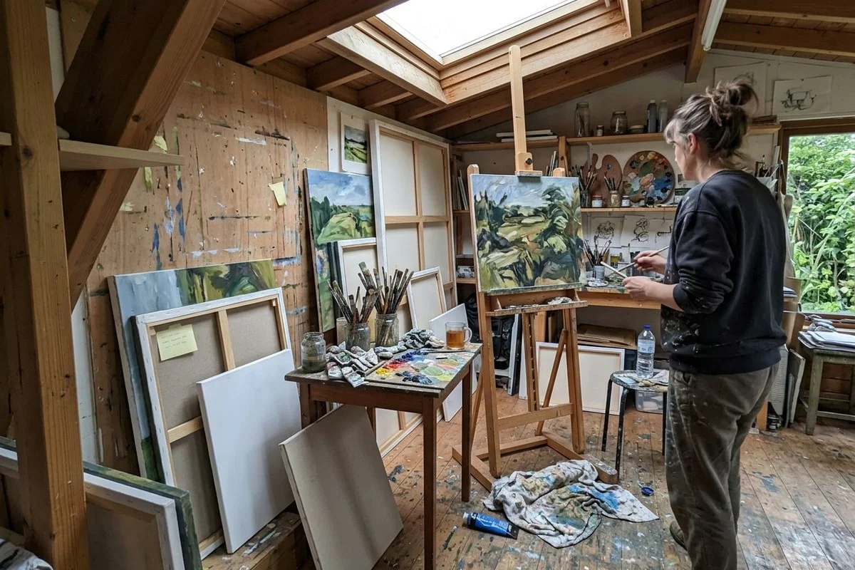 Interior of a garden art studio with easel, canvases and a skylight