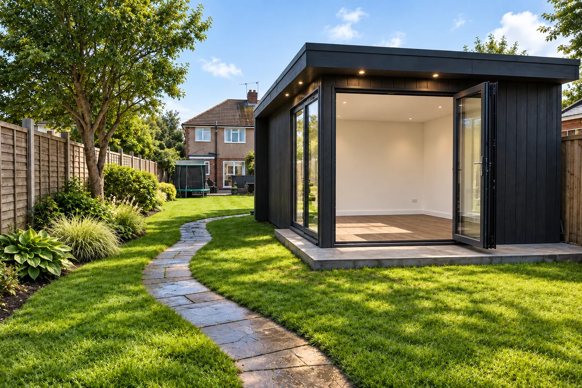 Exterior of a garden gym at dusk with aluminium doors and composite cladding