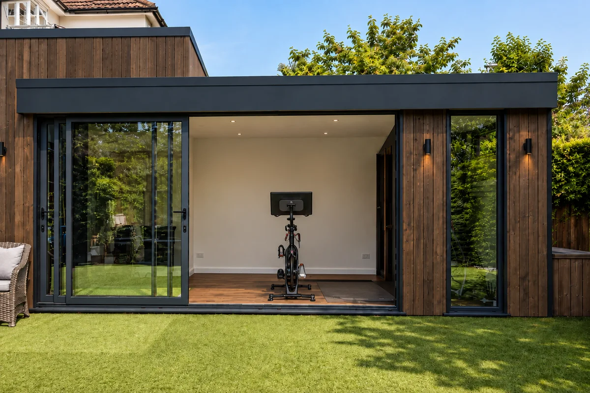 Interior of a garden gym with a rack, barbell and plates set up for strength training