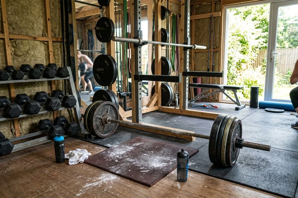 Interior of a garden gym with a rack, barbell and plates set up for strength training