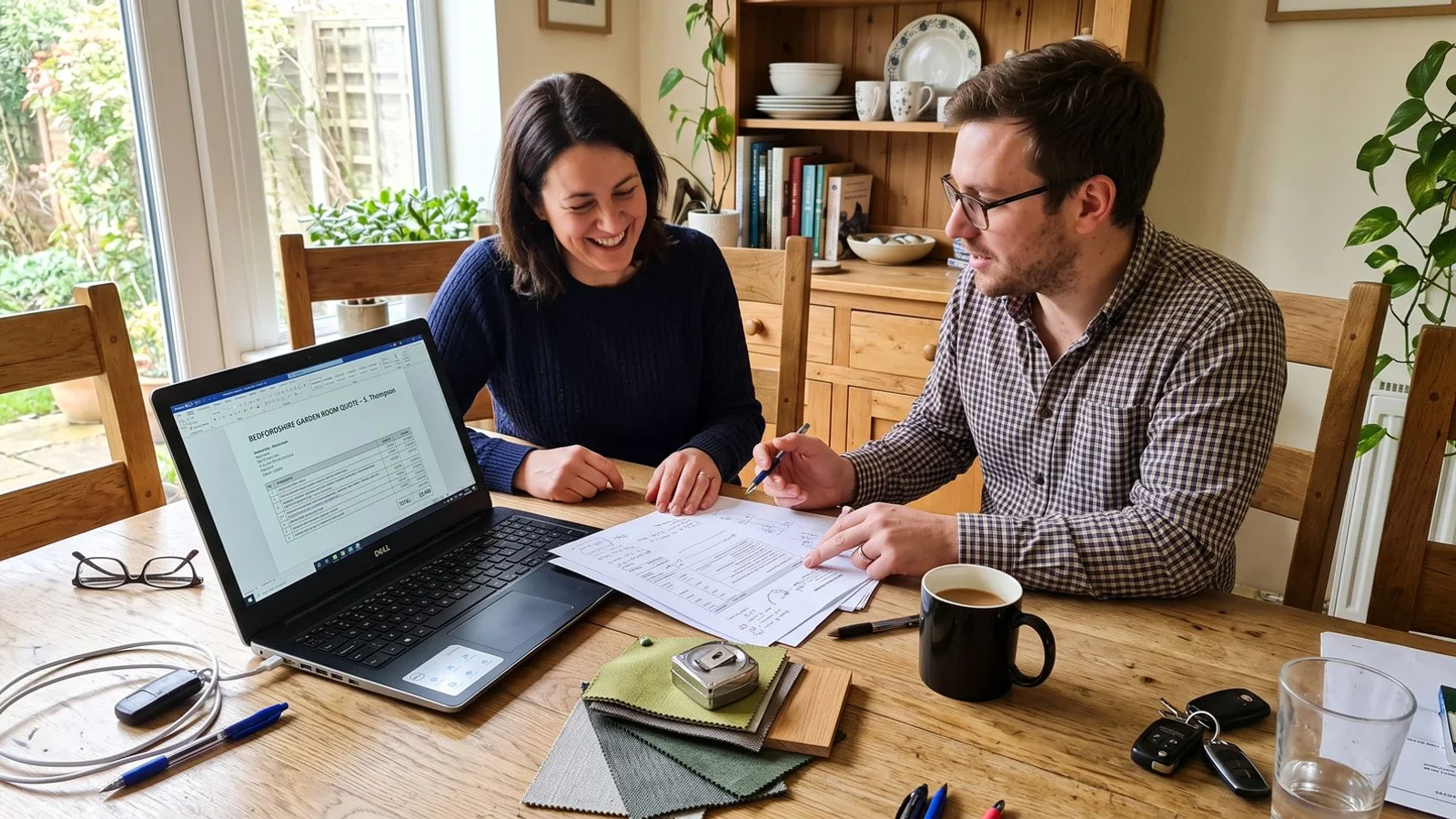 Homeowner and designer reviewing an itemised garden room quote at a table