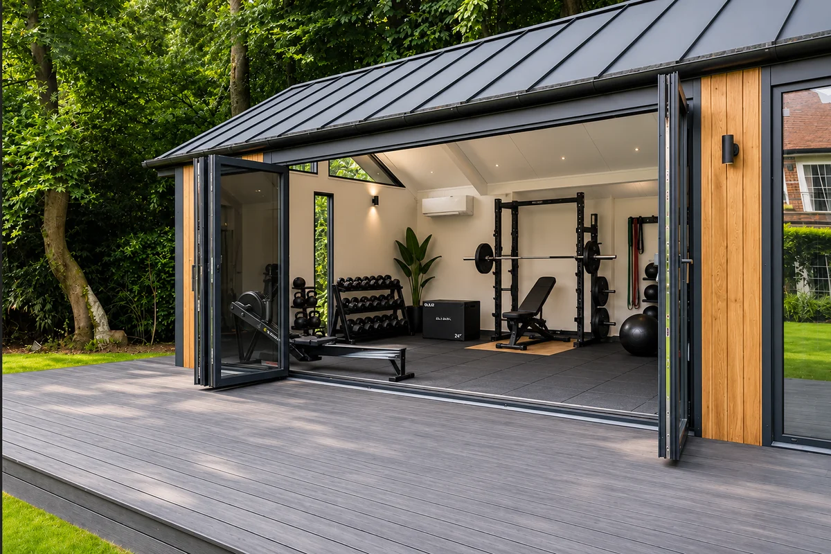 Homeowner mid-workout in a Bedfordshire garden gym