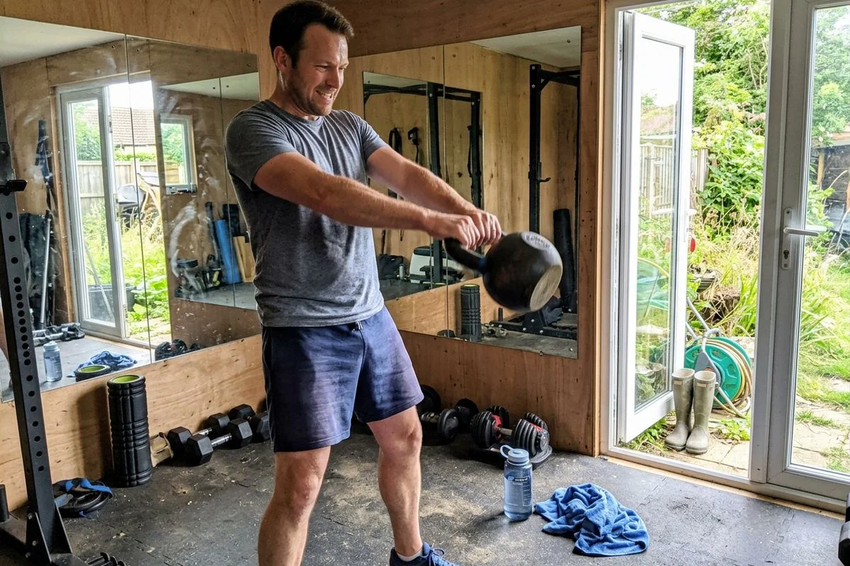 Homeowner mid-workout in a Bedfordshire garden gym