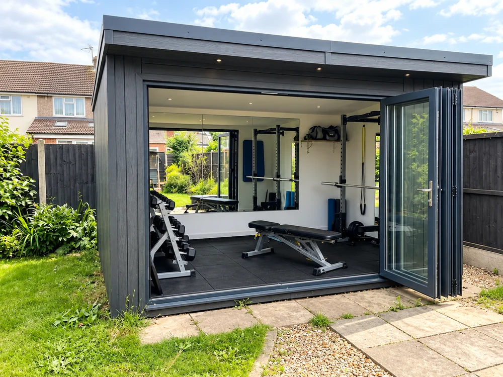 Insulated garden gym with mirrors and bifold doors in Luton