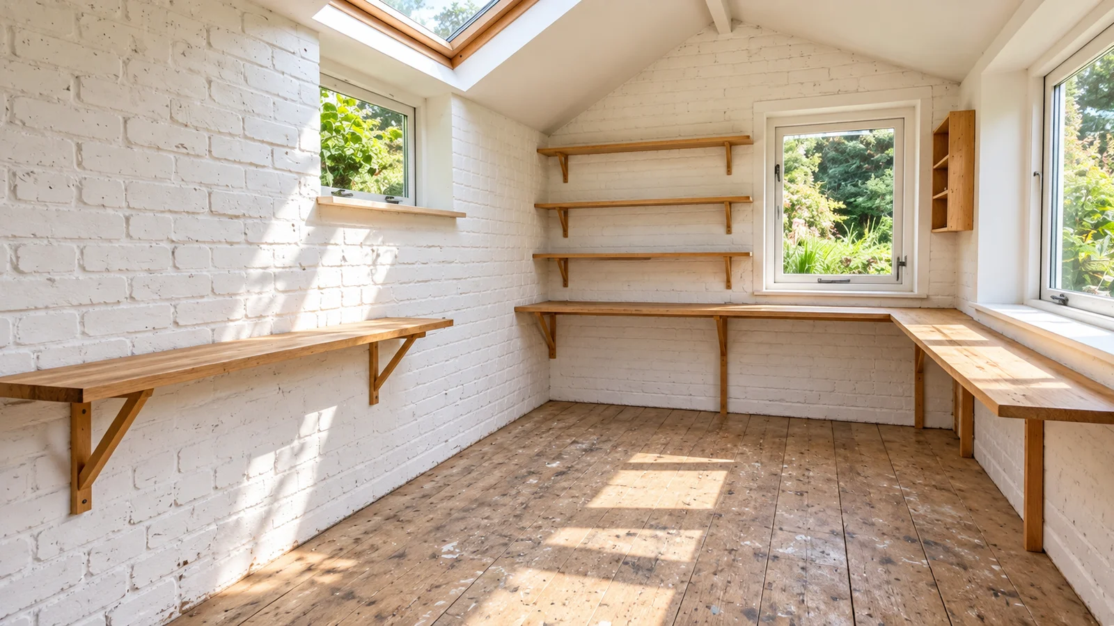 Interior of a bespoke Bedfordshire garden art studio with skylight