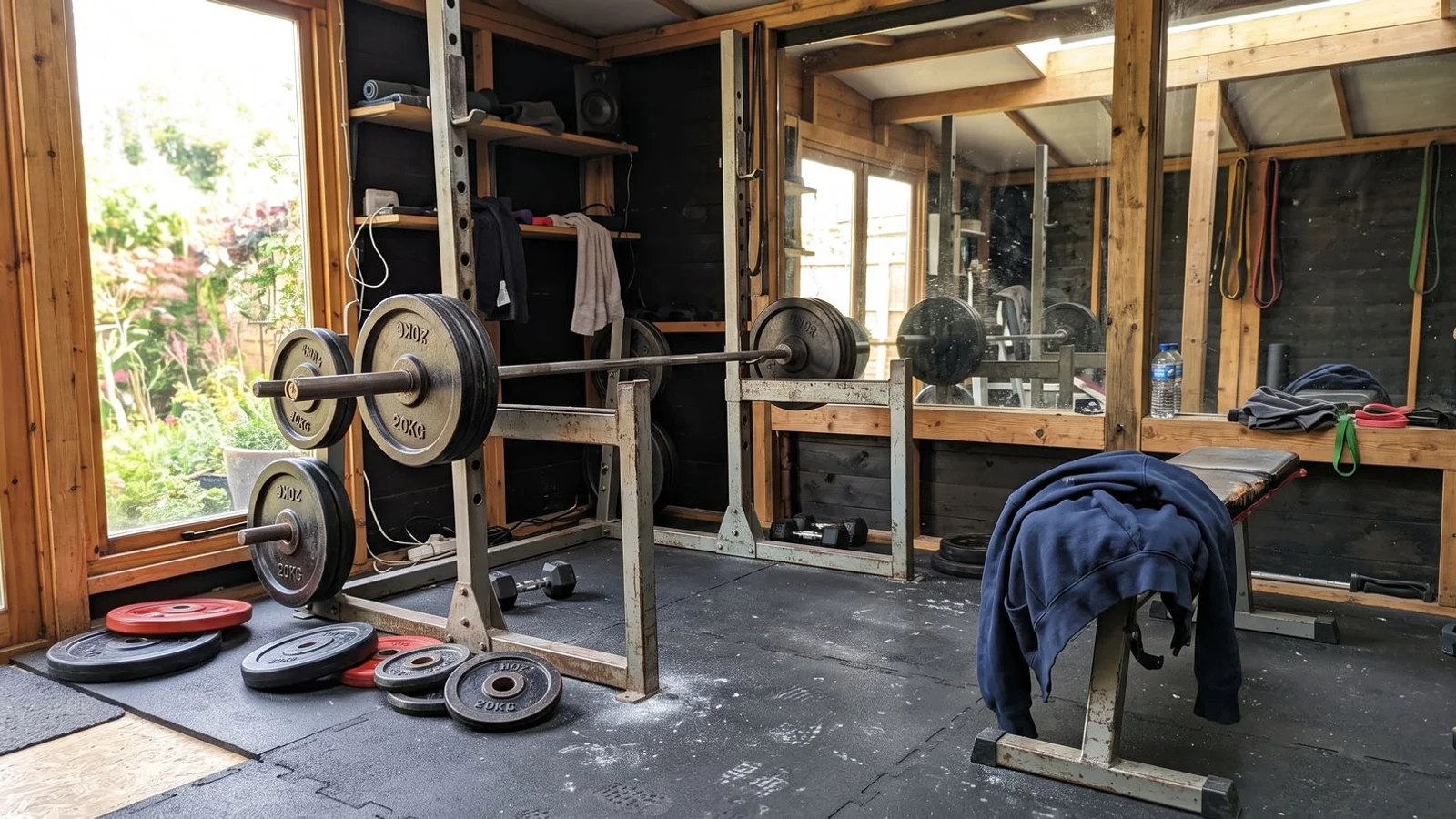 Interior of a Bedfordshire garden gym with power rack, barbell and rubber matting
