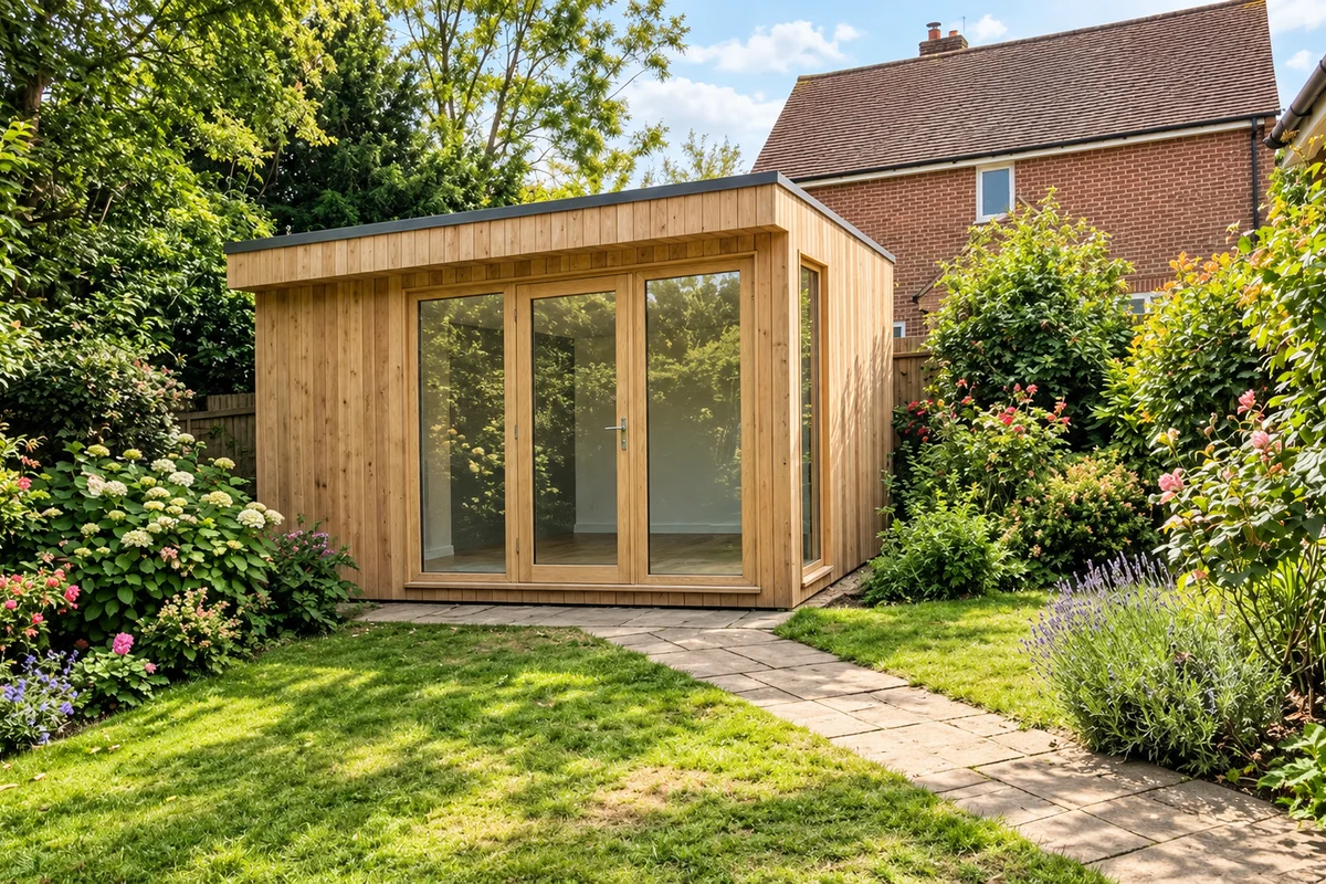 Music studio garden room with acoustic panels and recording equipment