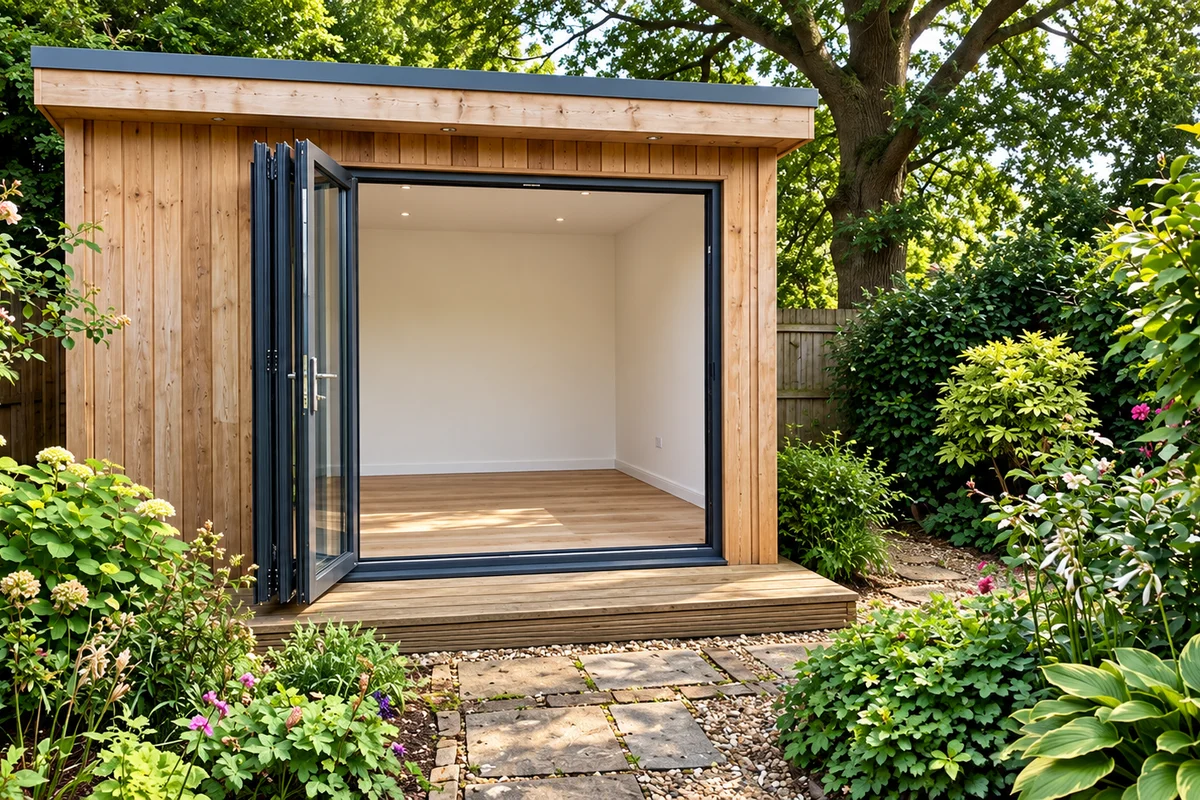 Homeowner working from a Bedfordshire garden office with a laptop
