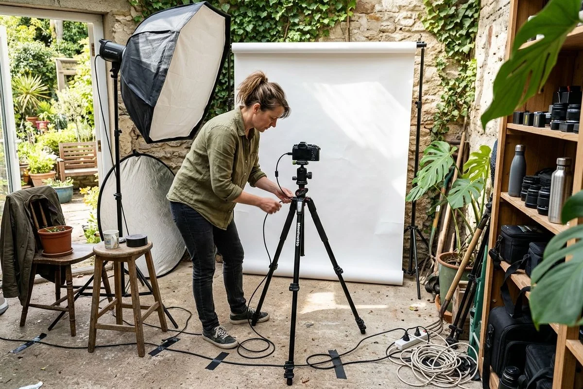 Photographer working in a bespoke garden studio