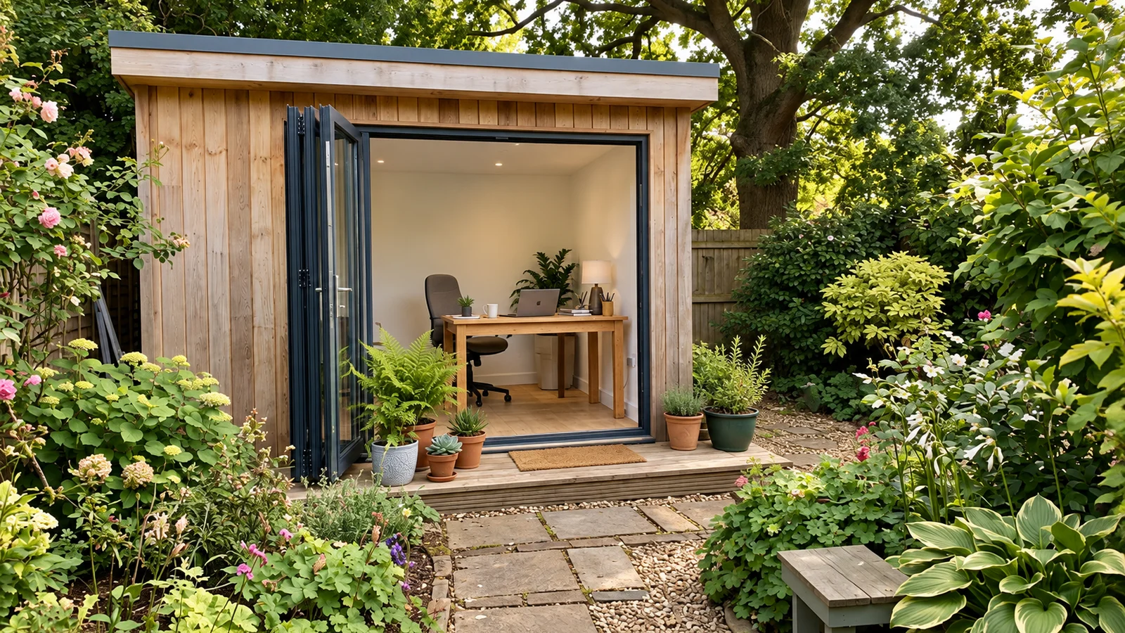 Premium bespoke garden office with bifold doors in a Bedfordshire garden